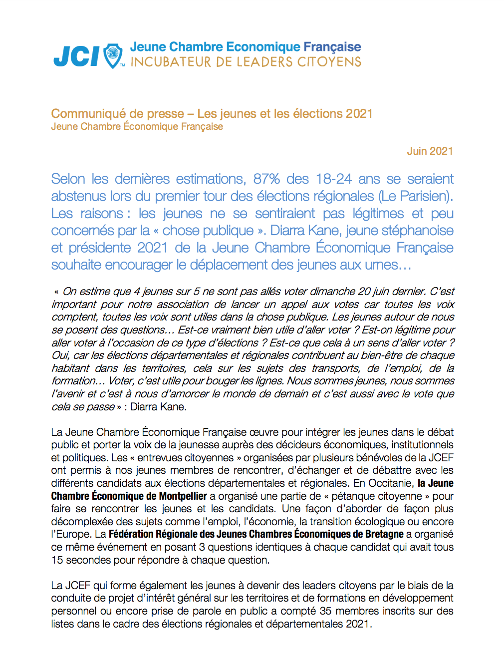 Communiqué de presse de la JCEF sur le second tour des élections régionales et départementales 2021