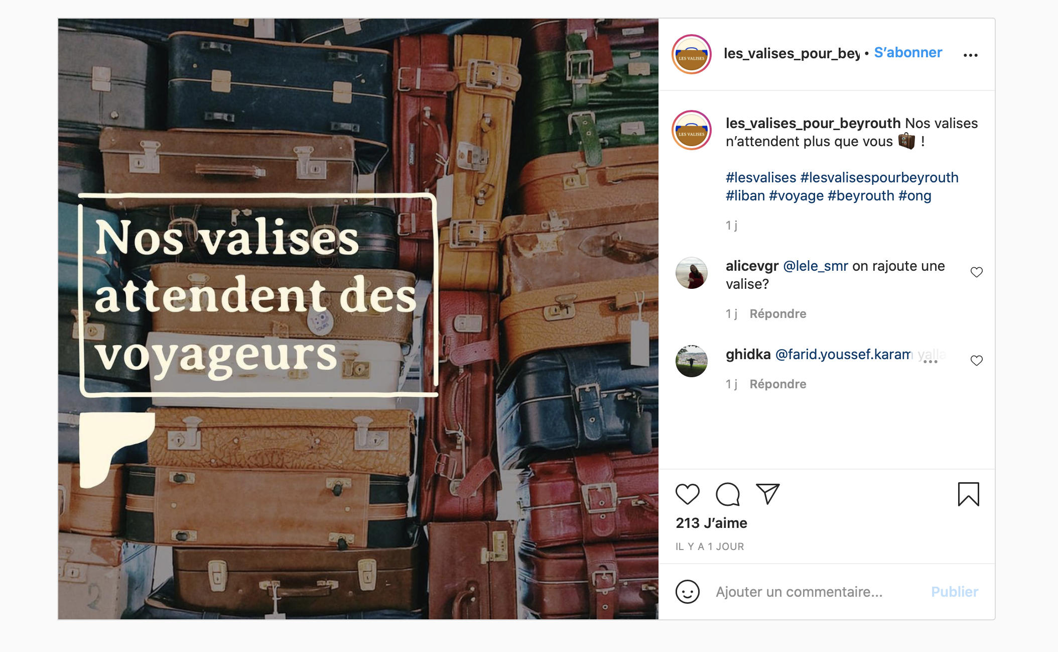 Copie d'écran : compte instagram Les Valises pour Beyrouth