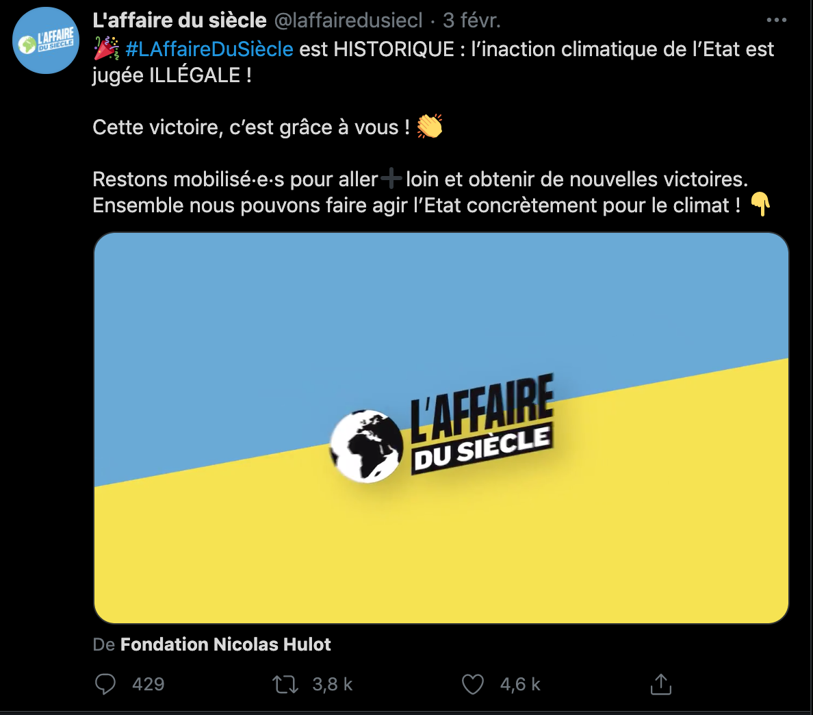 Copie écran Twitter L'Affaire du Siècle