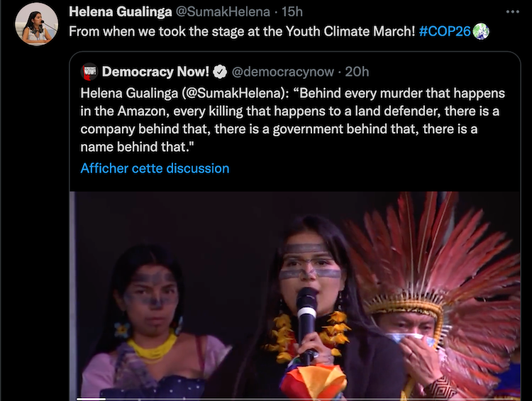 Helena Gualing a pris la parole au nom des indigènes d'Amazonie sur Twitter