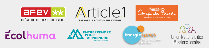 logos des associations accompagnées: AFEV, Article 1, Coup de pouce, Ecolhuma, EPA, Energie jeunes, UNML