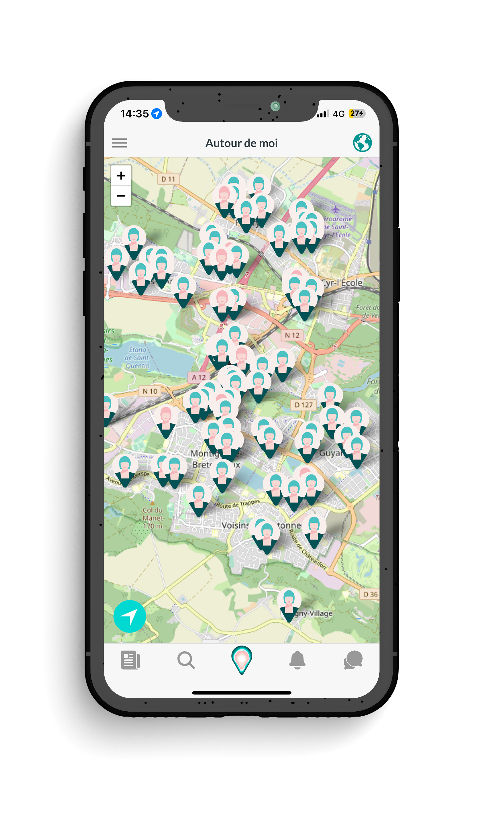 Sur la carte, les utilisatrices peuvent voir les personnes présentes autour d'elles.
