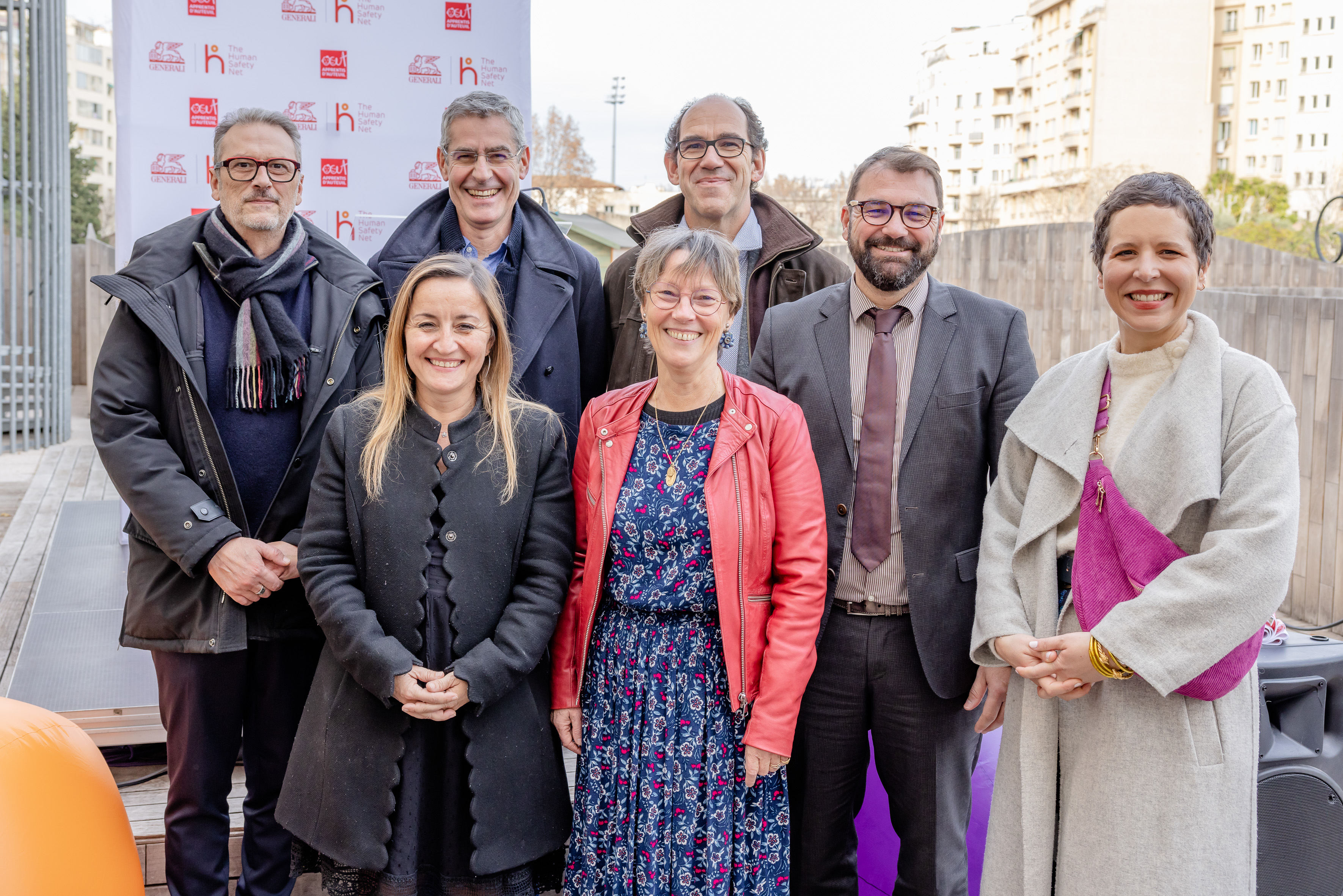 Sophie Guérard, Adjointe au Maire de Marseille Déléguée à la Place de l’enfant dans la ville, Didier Jau, Maire des 4ème et 5ème arrondissements de Marseille, Jean-Laurent Granier, PDG de Generali France, Elise Ginioux, Présidente de THSN France, Antoine Duhaut, Directeur régional adjoint Sud Est d'Apprentis d’Auteuil