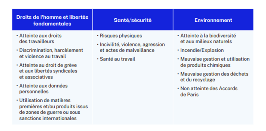 Les risques en lien avec les droits de l'homme et libertés fondamentales sont : • Atteinte aux droits des travailleurs • Discrimination, harcèlement et violence au travail • Atteinte au droit de grève et aux libertés syndicales et associatives • Atteinte aux données personnelles • Utilisation de matières premières et/ou produits issus de zones de guerre ou sous sanctions internationales. Les risques en lien avec la santé/sécurité sont : • Risques physiques • Incivilité, violence, agression et actes de malveillance • Santé au travail. Les risques en lien avec l'environnement sont : • Atteinte à la biodiversité et aux milieux naturels • Incendie/Explosion • Mauvaise gestion et utilisation de produits chimiques • Mauvaise gestion des déchets et du recyclage • Non atteinte des Accords de Paris