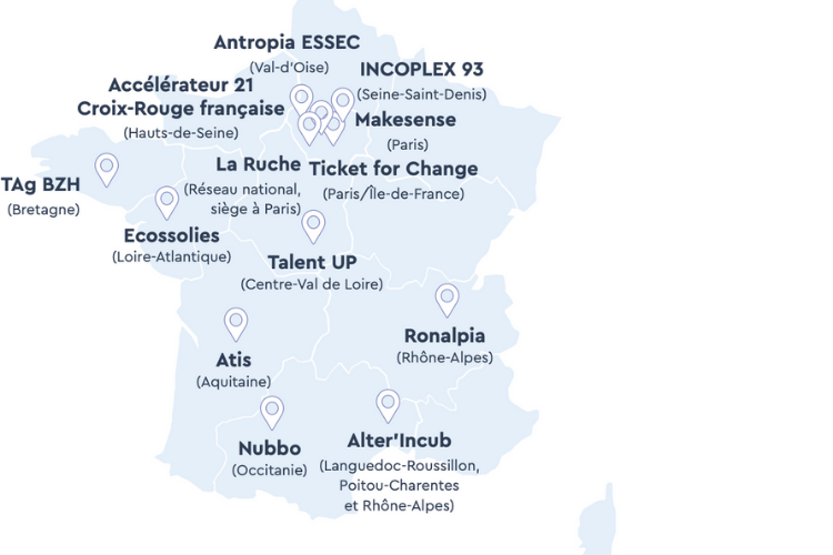 Carte (non-exhaustive) des incubateurs de l’ESS . Crédits : Carenews