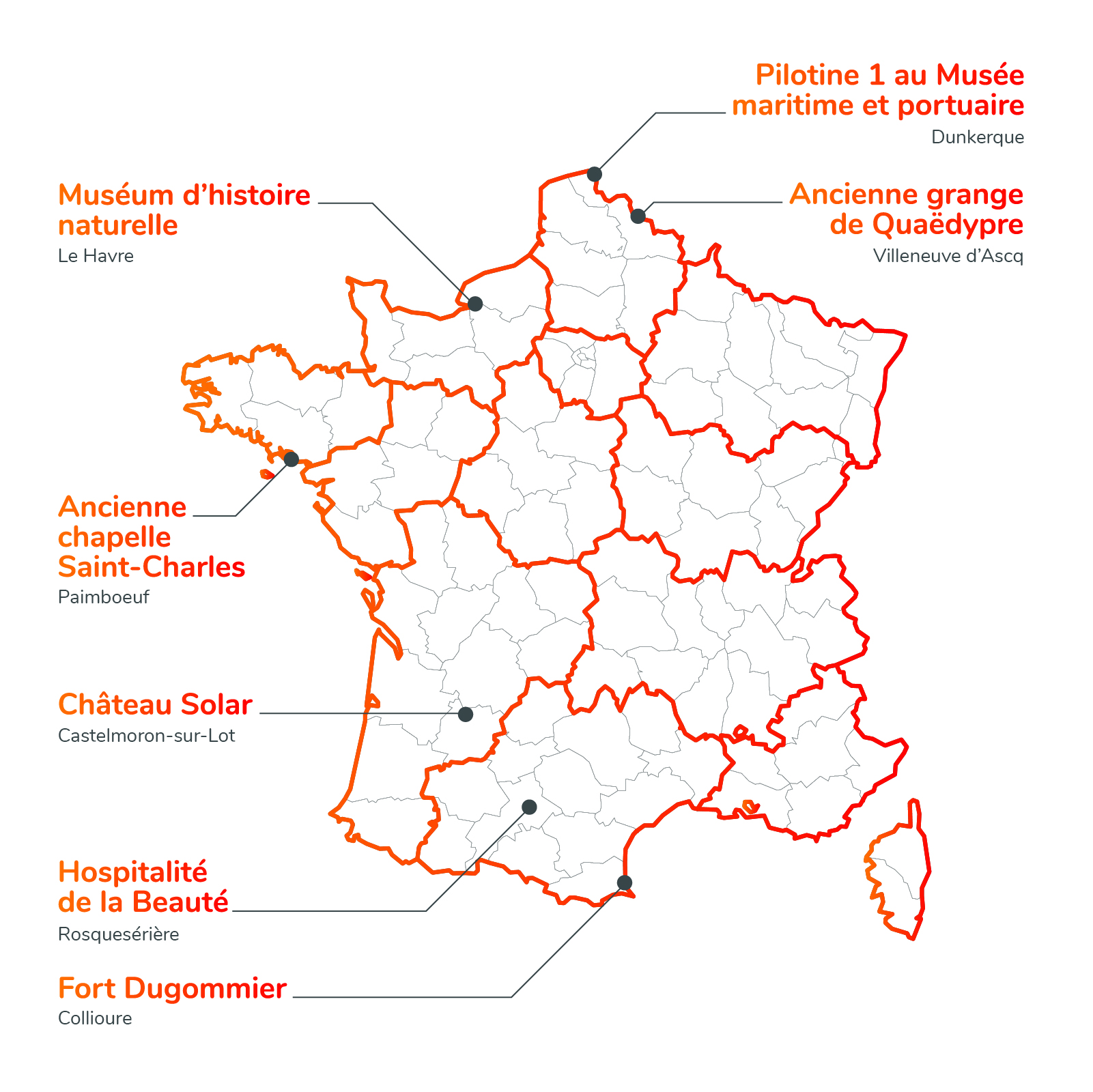 Carte des 7 nouveaux chantiers sélectionnés par la Fondation du patrimoine et la Fondation TotalEnergies