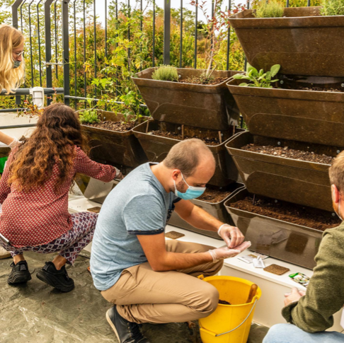 Bénévoles travaillant sur des jardinières hors-sol à l'Epopée