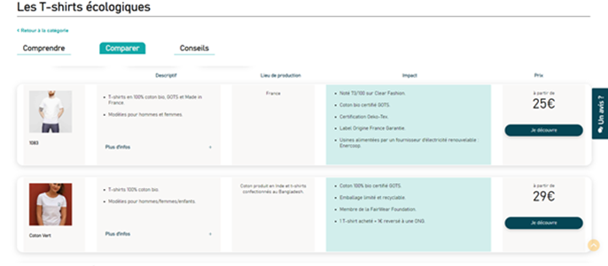 Capture d’écran du comparateur de produits. 