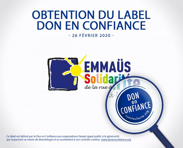 Obtention du label "Don en Confiance" par EMMAÜS Solidarité le 26/02/2020