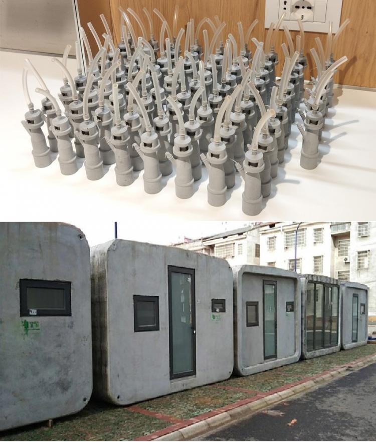 Photo en deux parties : en haut, des valves pour appareils respiratoires imprimées en 3D / en bas, des petites maisons d'isolement imprimées en 2 heures