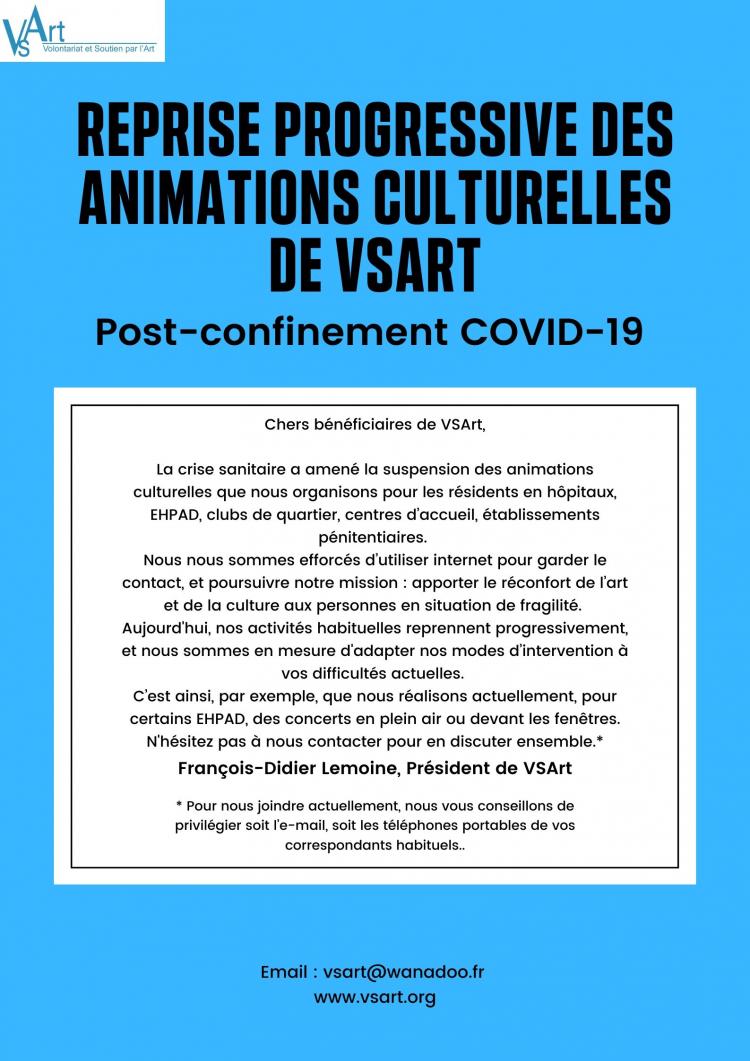 Reprise progressive des animations culturelles de l'association VSArt