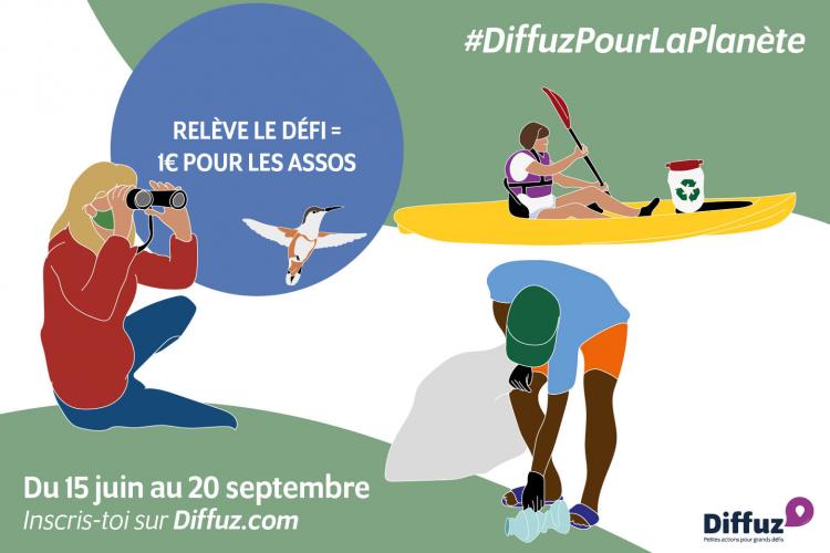 Illustration d’une jeune fille observant les oiseaux, un homme ramassant des déchets et une femme pagayant et collectant des déchets. Opération #DiffuzPourLaPlanète