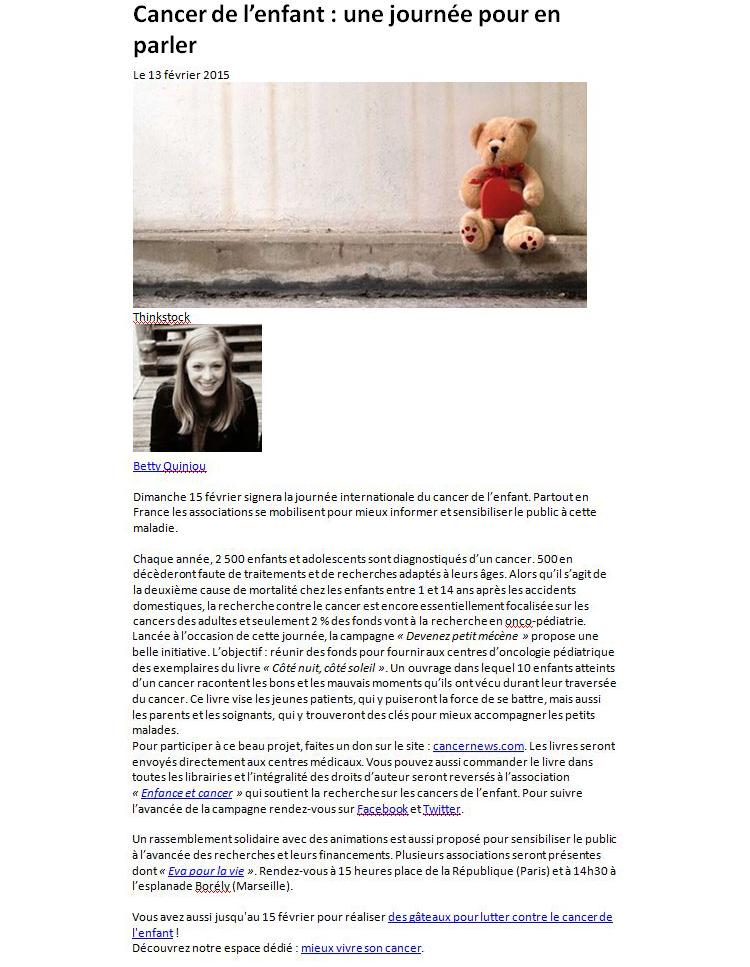Cancer de l’enfant: une journée pour en parler »