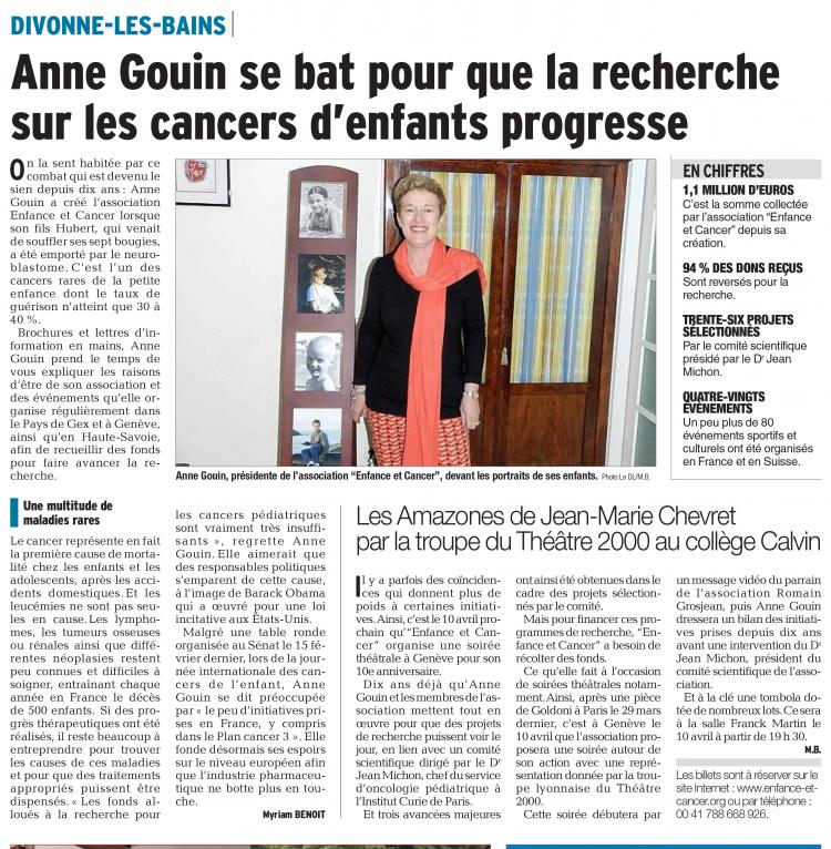 Article du Dauphiné Libéré du 5 avril 2014 "Anne Gouin se bat pour que la recher