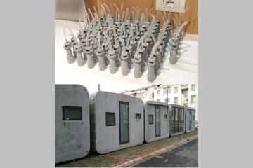 Photo en deux parties : en haut, des valves pour appareils respiratoires imprimées en 3D / en bas, des petites maisons d'isolement imprimées en 2 heures