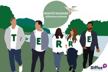 Illustration par Diffuz d’un groupe de jeunes qui marchent et sont prêts à agir pour la planète, arborant des t-shirts portant une lettre pour former le mot “Terre”.