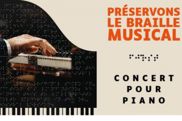 Identité visuelle du concert caritatif de braille musical : Illustration d’un piano à queue, de notes de musique et de braille musical. La main du pianiste est intégrée sur le fond noir du piano, avec des écritures braille au premier plan. Texte : "Préservons le braille musical. Concert pour piano."