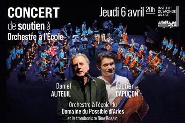 Daniel Auteuil, Gautier Capuçon et l'orchestre à l'école d'Arles à l'Institut du Monde Arabe