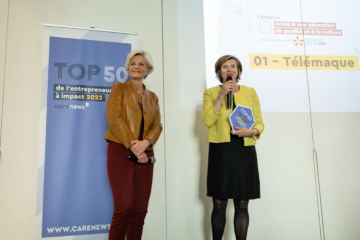 Ericka Cogne, directrice générale de Télémaque, et Laurence Lamy, déléguée générale de la Fondation groupe EDF à la cérémonie du TOP 50. Crédits : Mary-Lou Mauricio.