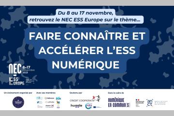 Visuel du NEC ESS Europe avec le thème de l'événement : faire connaître et accélérer l'ESS numérique